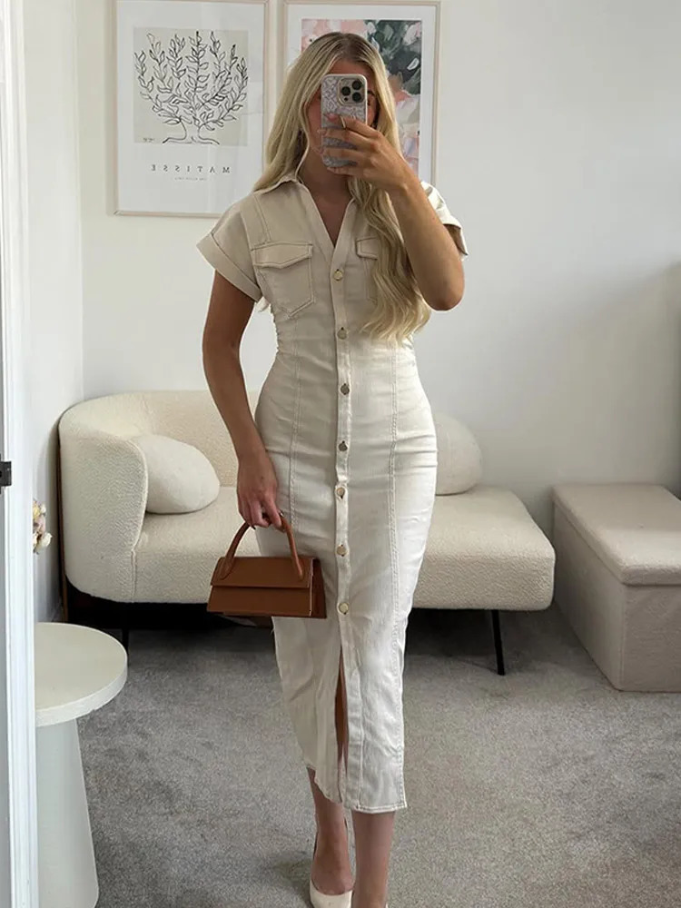 Chic White Lapel Denim Long Dress Women Casual Single Breasted Short Sleeve Slim Maxi Dresses Lady Summer Commute Robes 250612