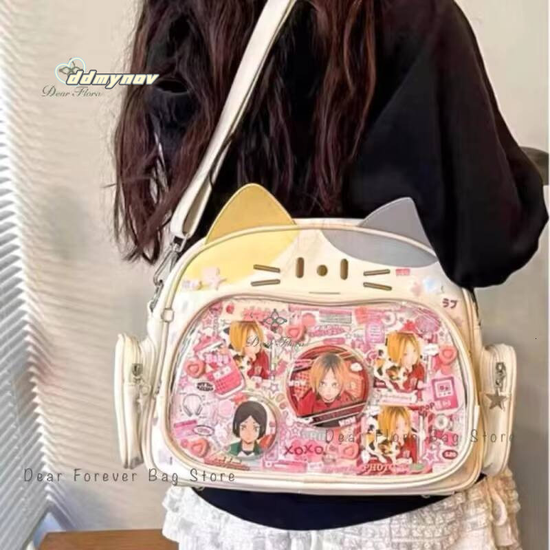New Y2K Korean Kawaii Cat Ita Cute PU Shoulder Girls Transparent Pocket Harajuku Crossbody Bag Women's Fashion Backpacks ddmynov
