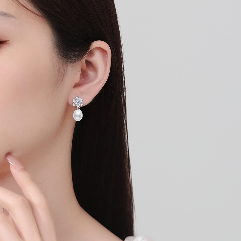 Moissanite Stud Earrings S925 Sterling Silver with Natural Freshwater Pearls, Camellia Flower Design, High-End Fashion Earrings for Women, Wholesale