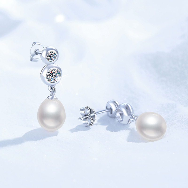 Cross-Border Moissanite Stud Earrings, S925 Sterling Silver Earrings, Women's Freshwater Pearl Studs, French Style Versatile Fashion Earrings