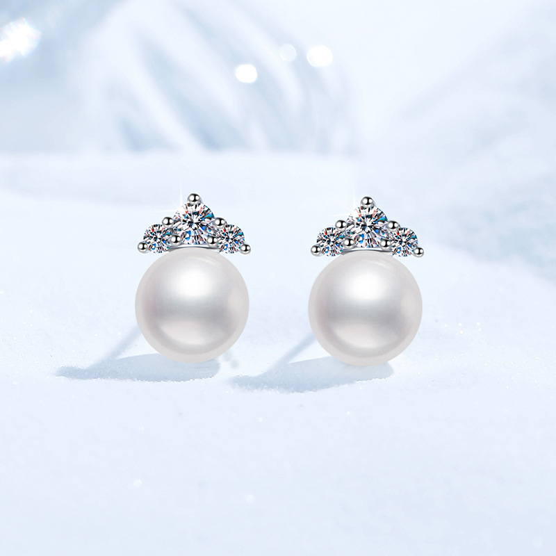 S925 Sterling Silver Earrings, Princess Style Near-Round Freshwater Pearl Studs, Women's Moissanite Earrings, Fashion High-End Stud Earrings