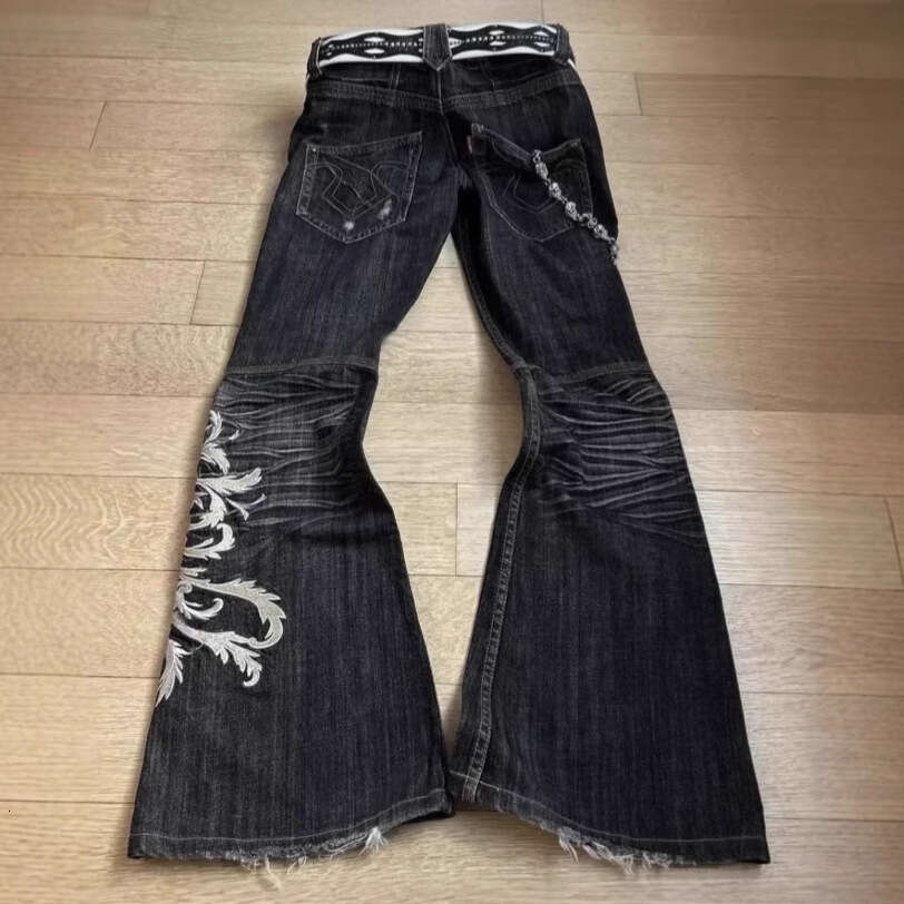 American Style Embroidered Heavy Craft Punk Washed Black Straight Leg Flare Jeans For Women And Men B5