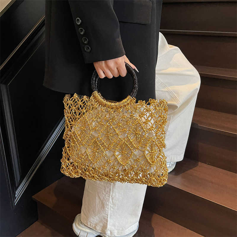 Gold and Silver Thread Shiny Rope Mesh Hollow Woven Bag Mori Style Large Capacity Handbag Tote Summer Beach Women's Bag 250615