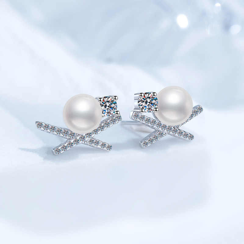 S925 Sterling Silver Stud Earrings, Women's Butterfly X-Shape D-Color 60-Point Moissanite, Freshwater Pearl Studs, Fashion High-End Earrings