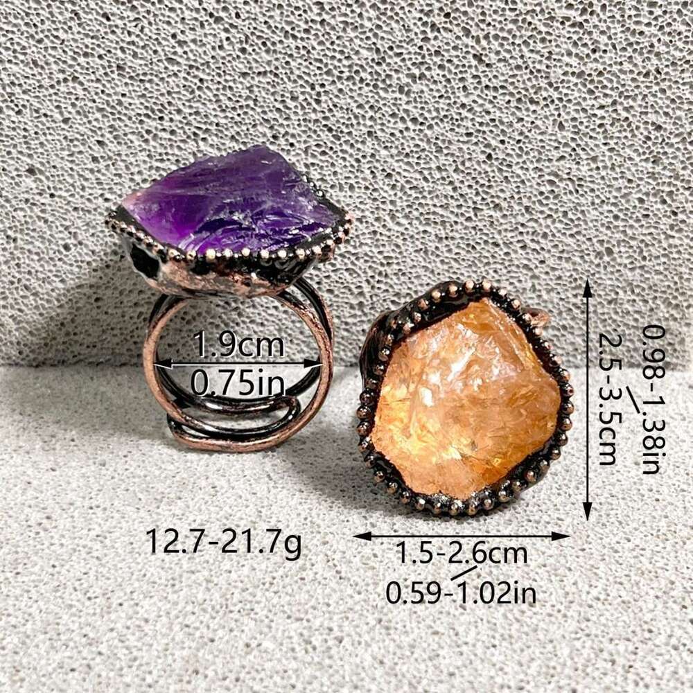 Natural Amethyst Yellow Crystal Rough Irregular Open Adjustable Personality Ring