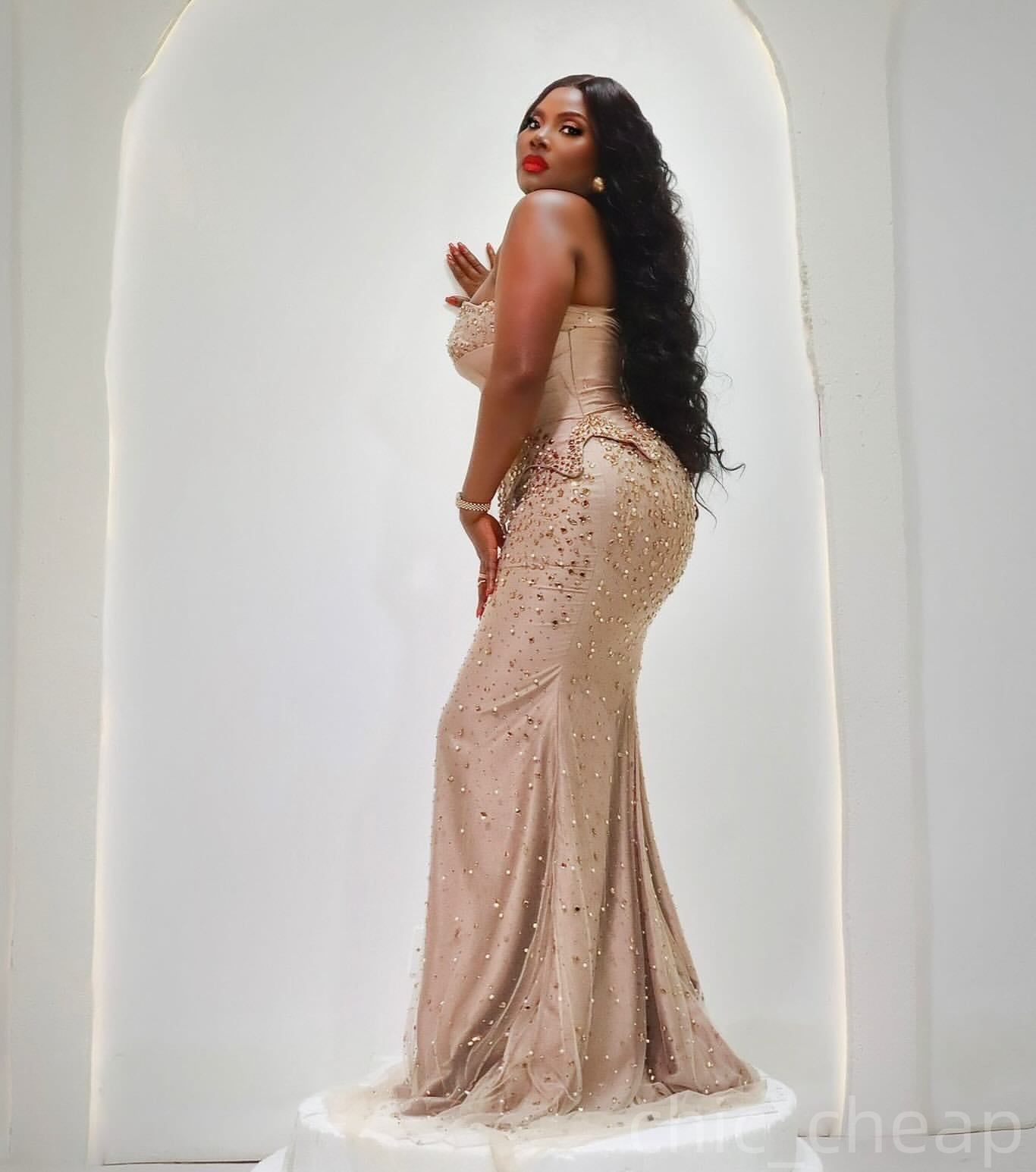 Champagne Mermaid Prom Dresses 2025 Crystals Beaded Luxurious Evening Formal Party Second Birthday Engagement Gowns Plus Size Dress For Special Occasi