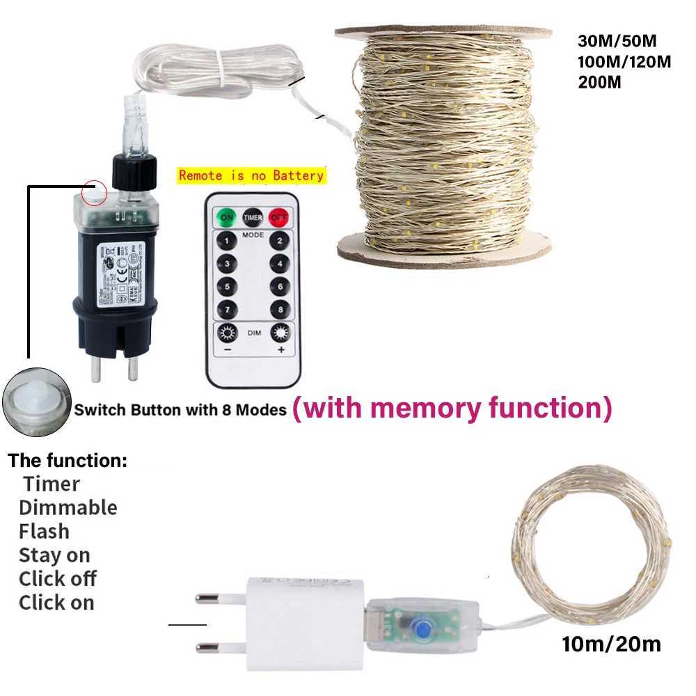 LED String Fairy Lights 100M/200M Silver Wire Birthday Christmas Tree Lights Garland Outdoor Home New Year Wedding Party Decor XJ250612