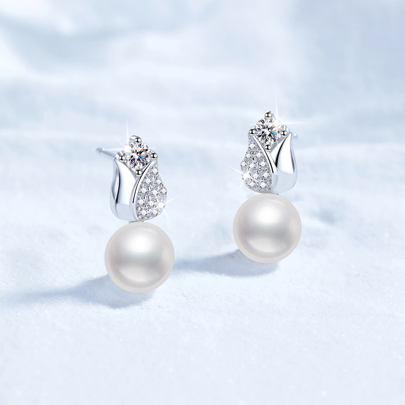 S925 Sterling Silver Earrings, Women's Korean Style Rose Flower Design D-Color 20-Point Moissanite Studs, Freshwater Pearl Earrings, High-End Fas