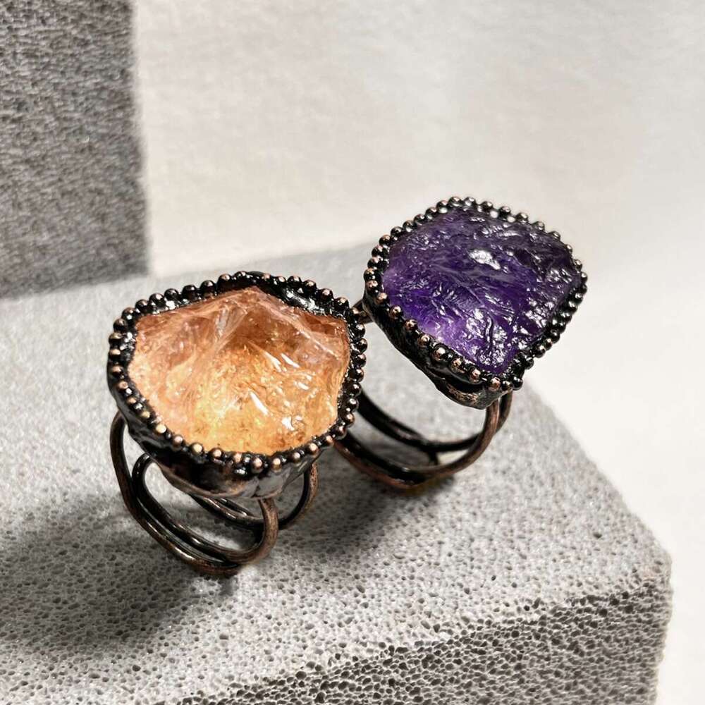 Natural Amethyst Yellow Crystal Rough Irregular Open Adjustable Personality Ring