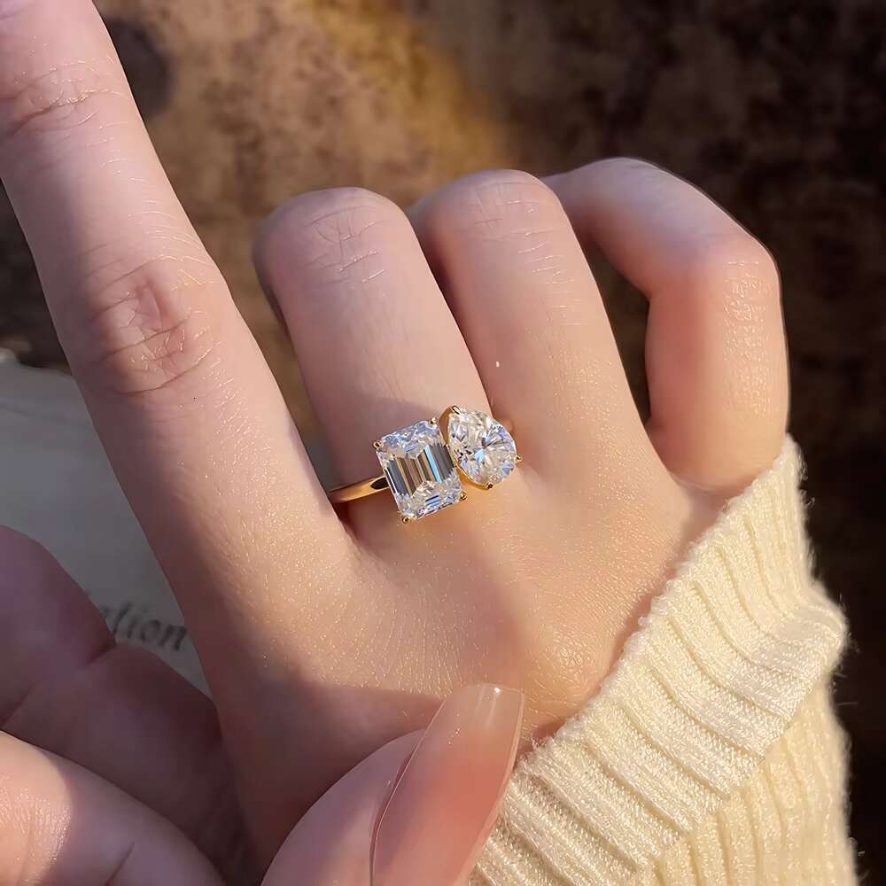 925 Sterling Silver GRA VVS Moissanite Engagement Ring for Women Pear and Princess Cut Toi Et Moi Ring