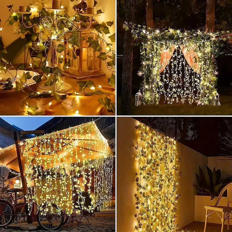 12m Solar Ivy String Lights LED Outdoor Artificial Vine Christmas Garland Fairy String Plant Lamp Maple Leaf Green Rattan String XJ250612