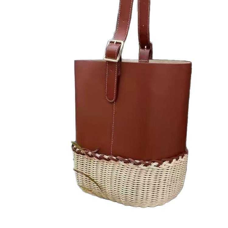 Summer New Beach Vacation Style Patchwork Handwoven Wicker Versatile Large Capacity Bucket Bag 250615