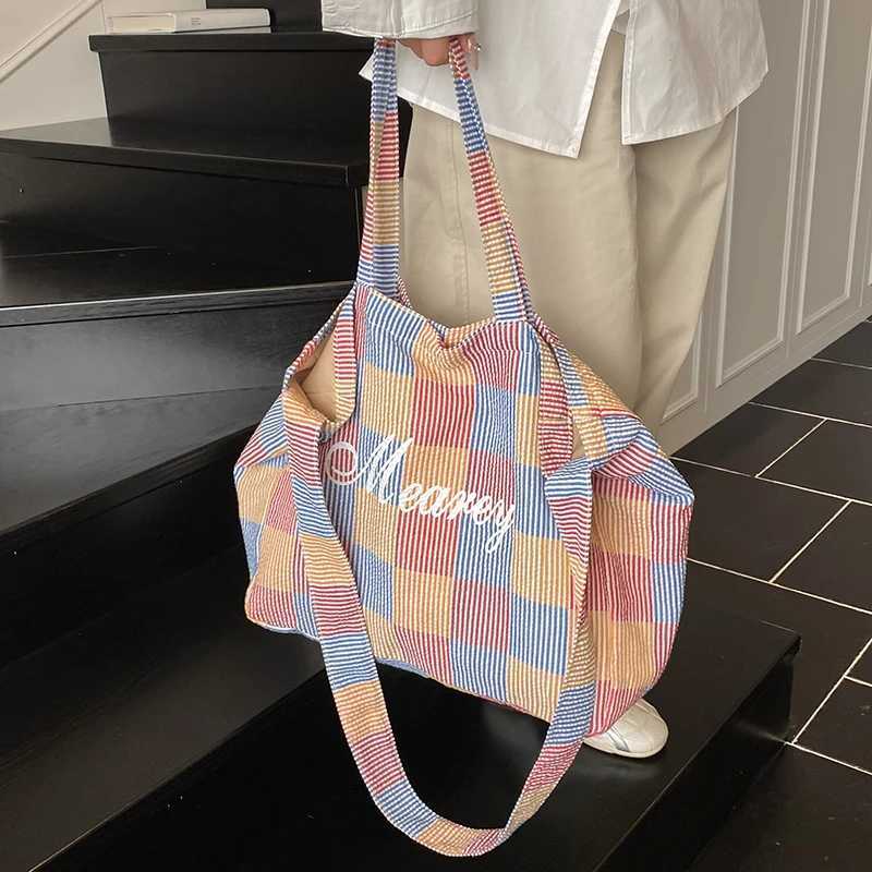2025 Summer New Trends Striped Plaid Tote Bags For Women Cotton Fabric Letter Prints Large Capacity Shoulder Shopper Student Bag M250613