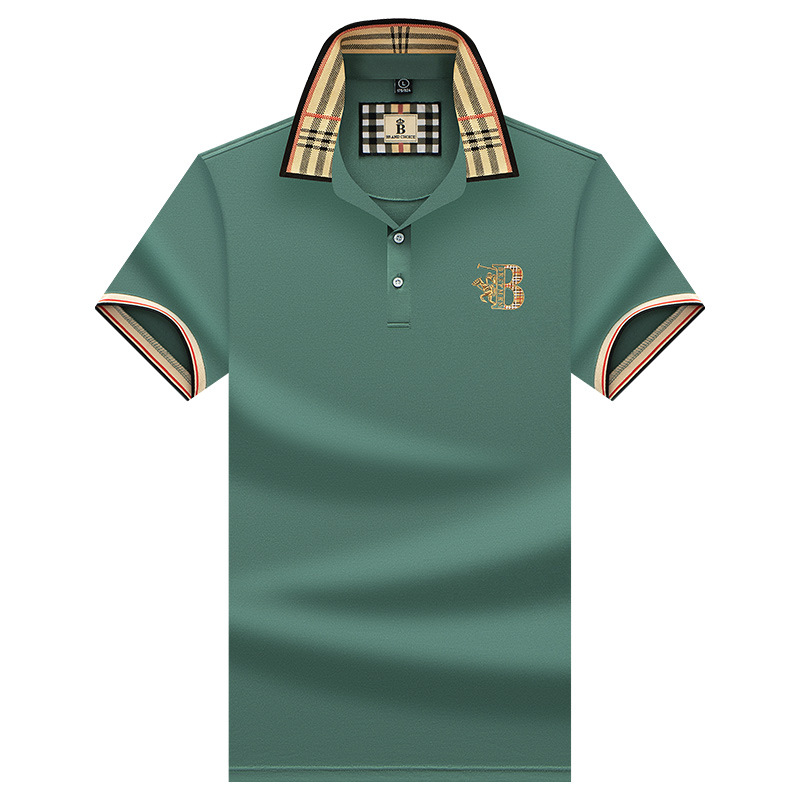 New embroidered solid-color checkered short-sleeved T-shirt for men's summer fashion business polo shirt