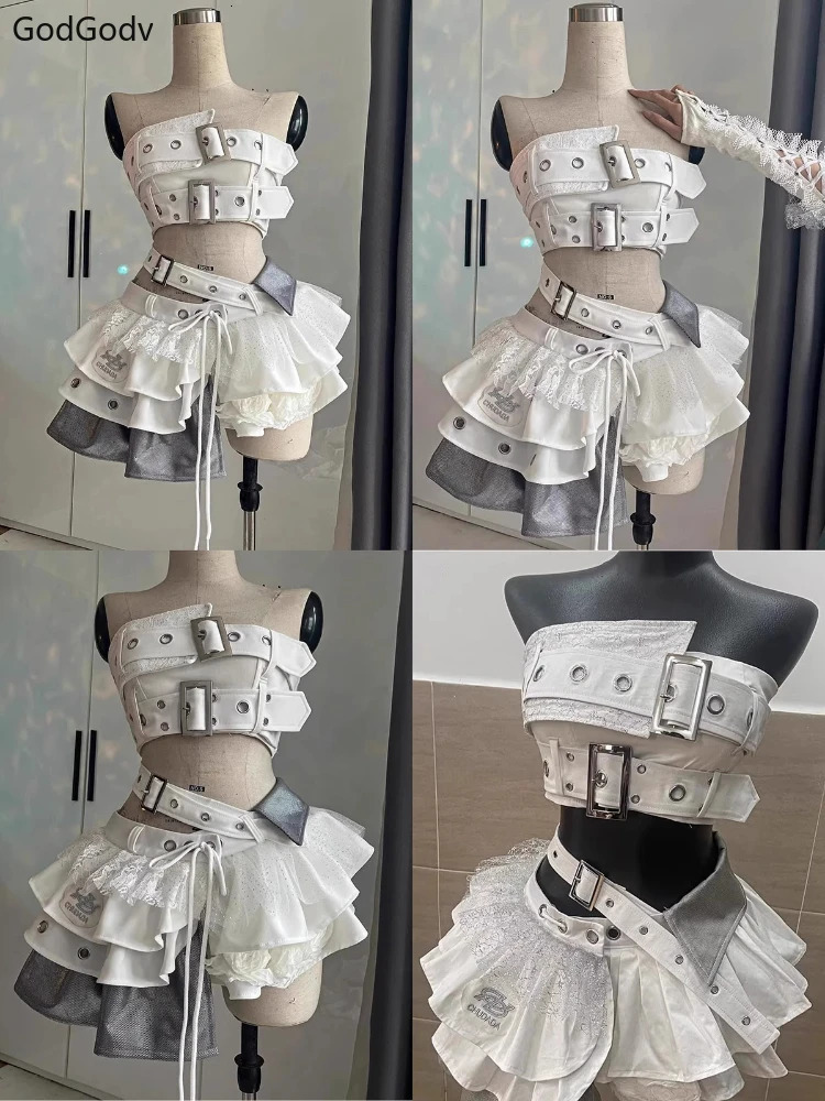 Summer Vintage Elegant Y2K Woman 2 Piece Sets Punk Gothic Strapless Crop Tops High Waist Ruffle Skirt Female Party Outfits 250612
