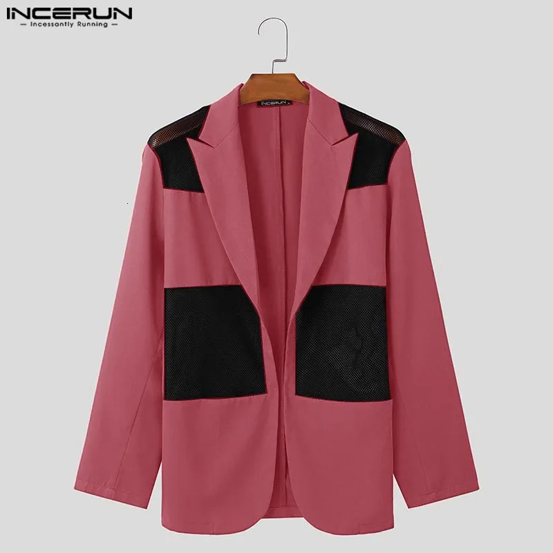 Fashion Sexy Style Tops INCERUN Handsome Men Mesh Hollow Splicing Suit Male Long Sleeved Cardigan Casual Blazers S5XL 250610
