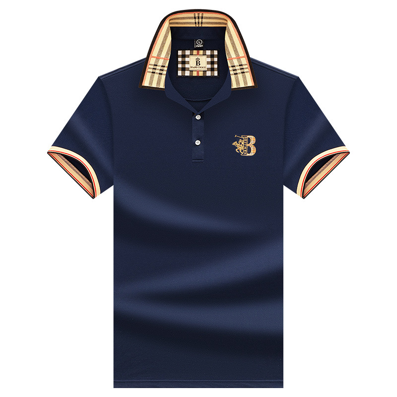 New embroidered solid-color checkered short-sleeved T-shirt for men's summer fashion business polo shirt
