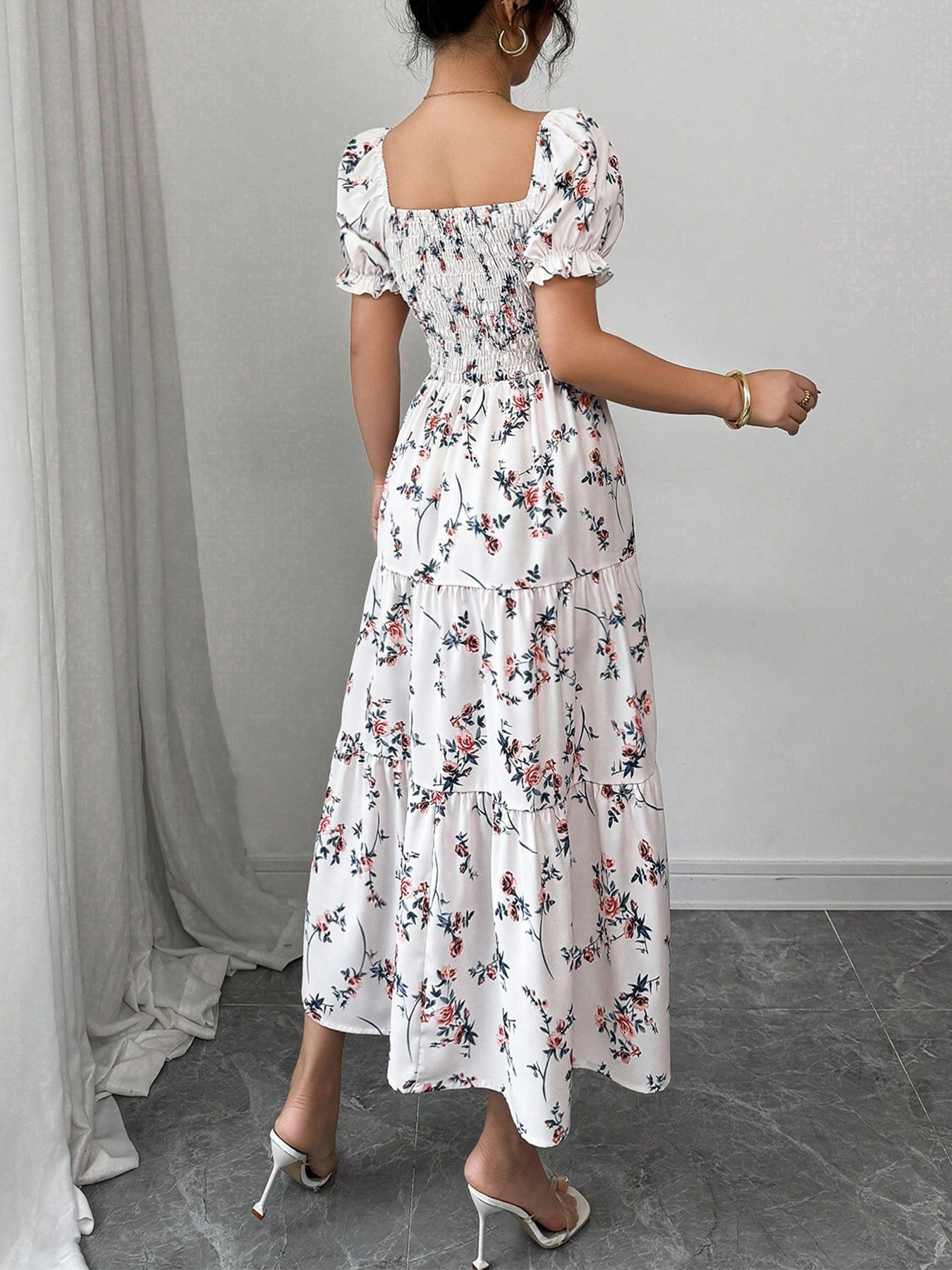 P612Ladies new French style puff sleeve floral print maxi dress