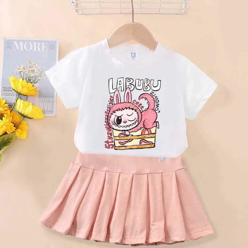 Cute Labubu Girl Skirts Tops 2pcs Kids Clothes Set Kaii Print Baby T Shirt Pleated Skirt Suit Toddler Tee Short Dress Outfit Z250613