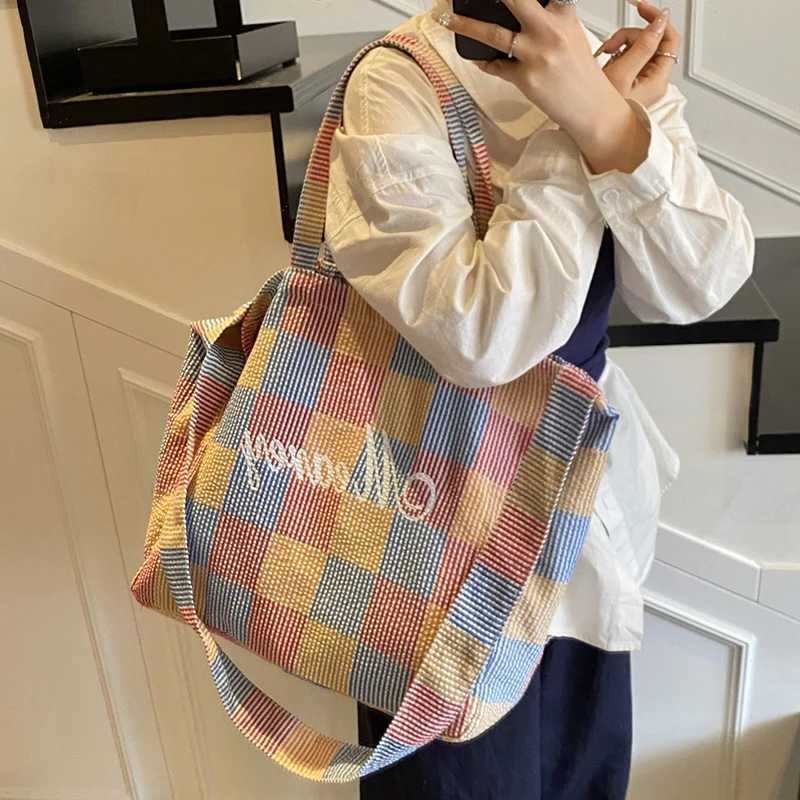 2025 Summer New Trends Striped Plaid Tote Bags For Women Cotton Fabric Letter Prints Large Capacity Shoulder Shopper Student Bag M250613