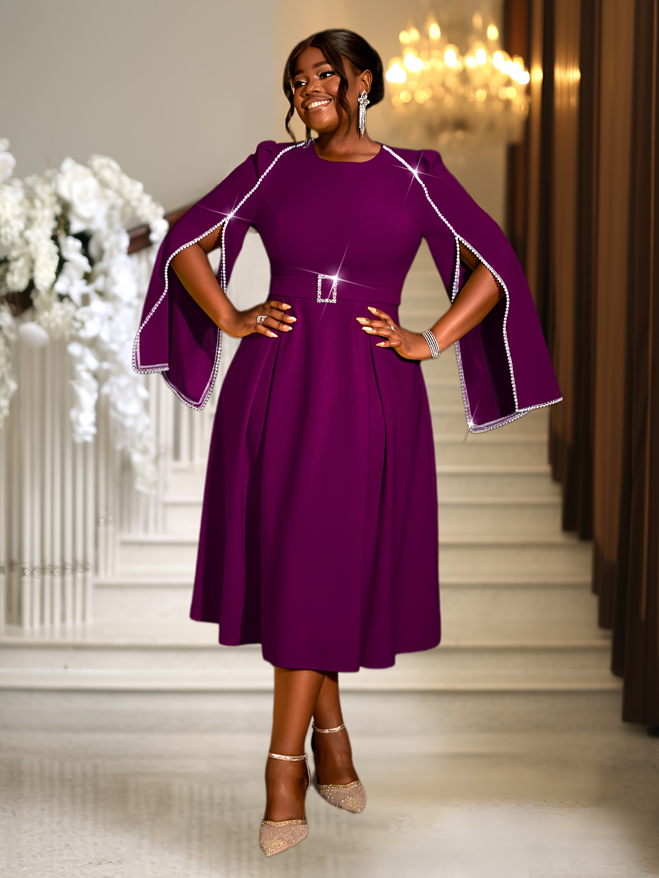 Fashion Party Wedding Dress For Woman Beading Cloak Sleeve Waist Belt Elegant A-line Formal Wear