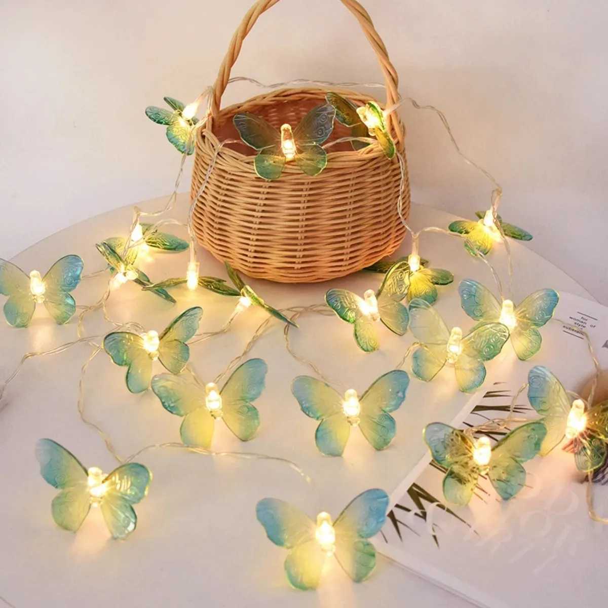 1pc 10/20LED Green Yellow Butterfly String Lights Hanging Fairy Atmosphere Lamp Battery Operated For Home Bedroom Festival Decor XJ250612