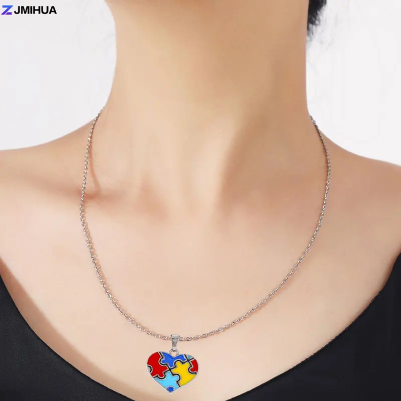 50cm Stainless Steel Chain Necklace Autism Awareness Puzzle Pendant Necklaces For Women Gilrs Fashion Jewelry 250610
