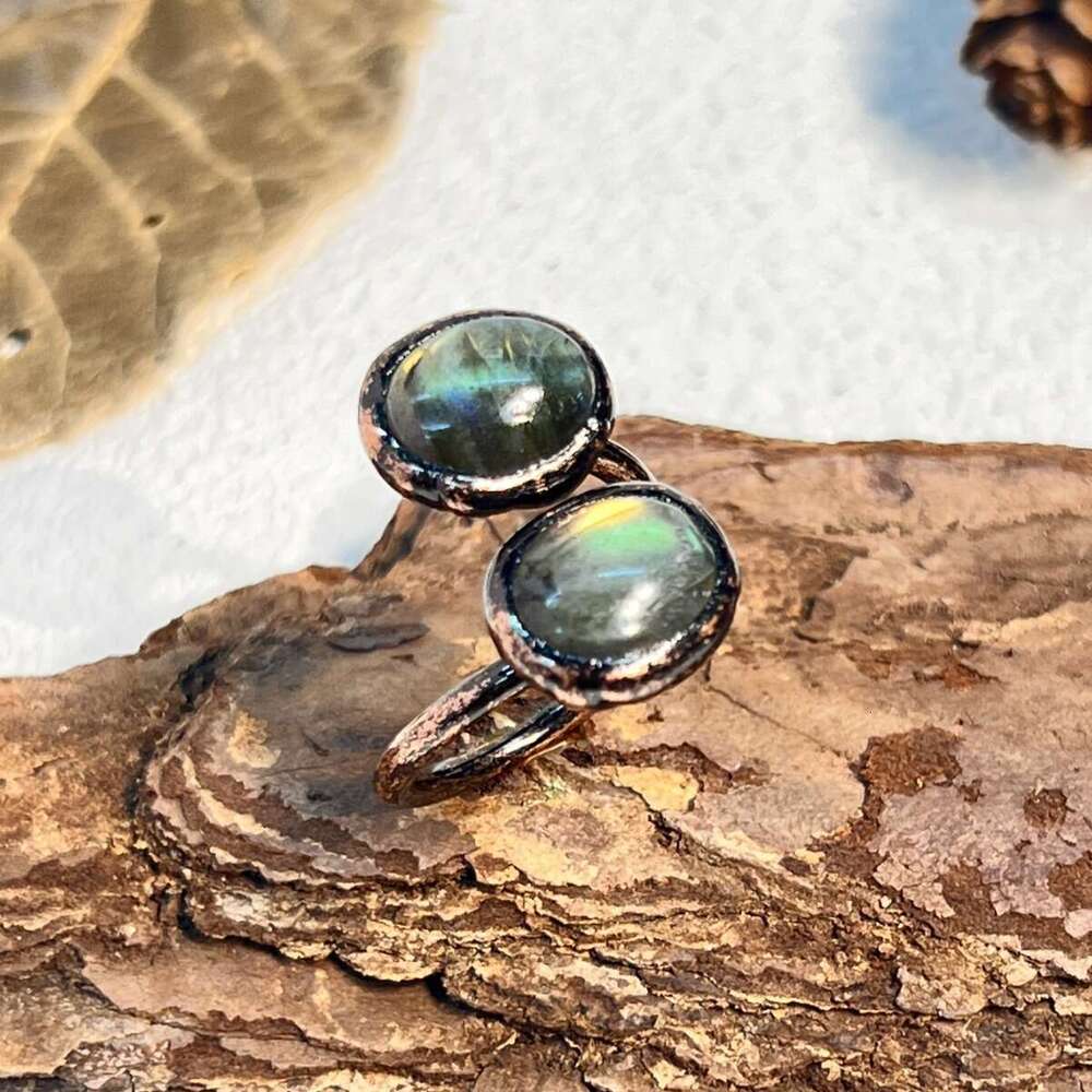 Natural Black Tourmaline Blue Crystal Labradorite Irregular Adjustable Open Personality Ring