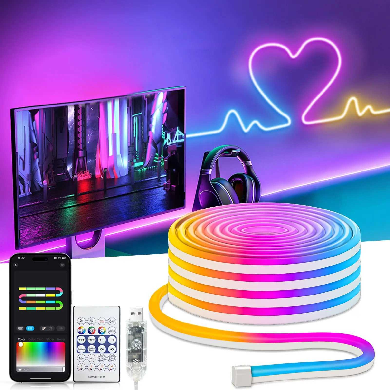 RGBIC Smart WIFI Neon LED Strip Lights with Chase Effects Alexa/Google Voice Control USB Neon Rope Light for Home Party Decor XJ250612
