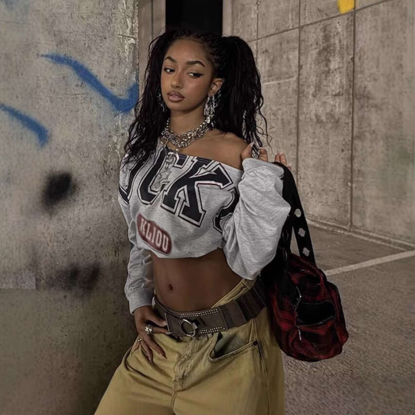 hoodie Women's Wear Women's Fashion Autumn Winter New Style Personality Letter Print Casual Asymmetric Shoulder Loose Cropped Long Sleeve T-