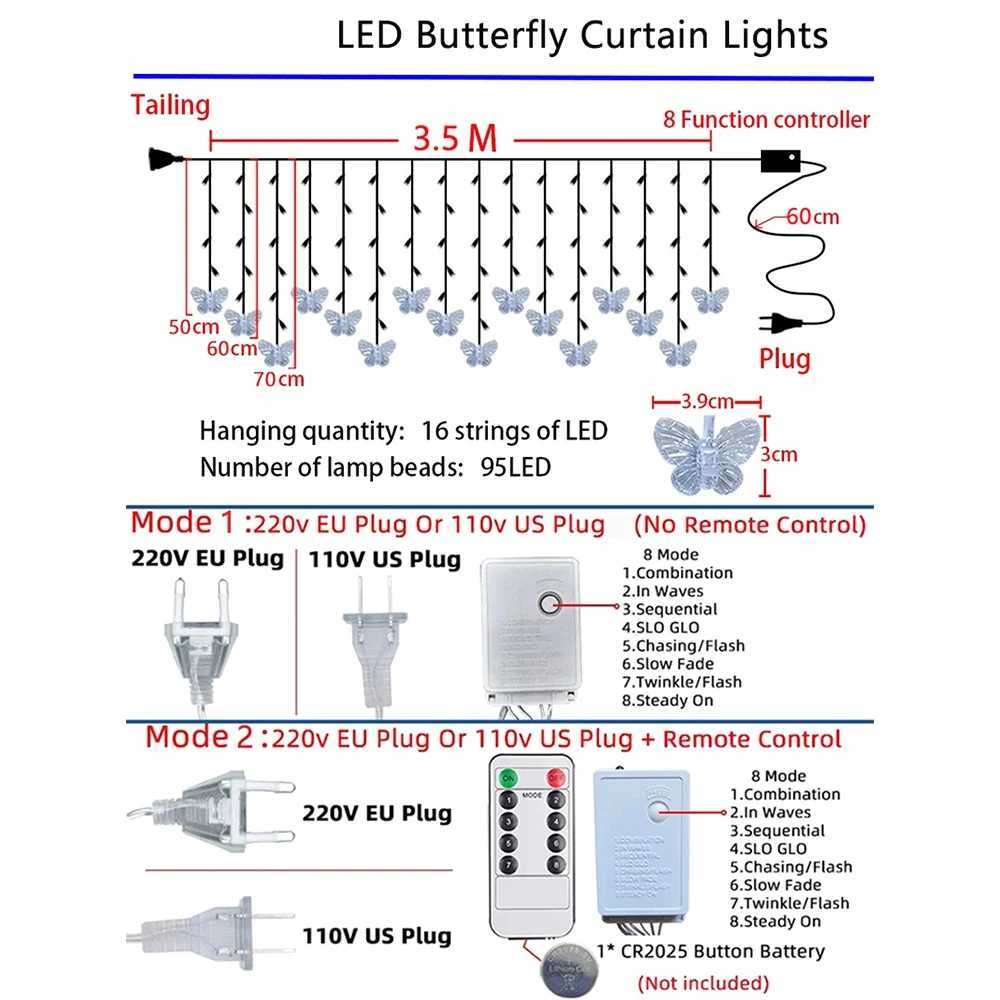3.5M Pink Fairy Lights LED Butterfly Garland Curtain String Light For Living Room Christmas Room Home Bedroom Wedding DecorationXJ250612
