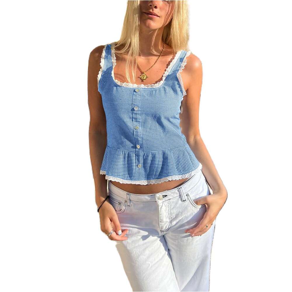 hoodie Women's Wear Summer New Women's Versatile Plaid Lace Trim Vest Bra Top jacket