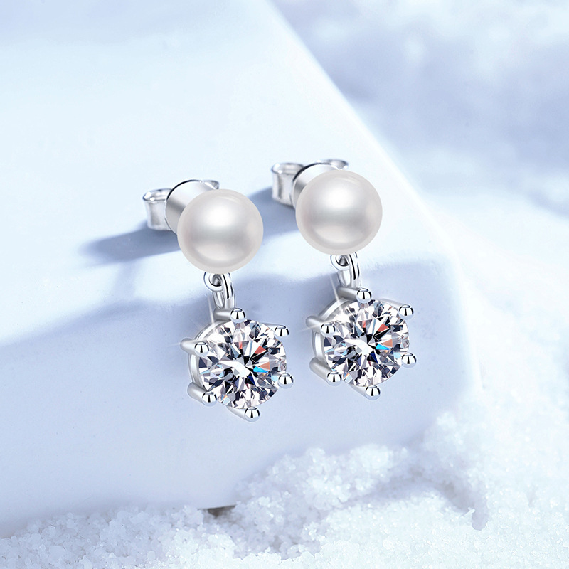 S925 Sterling Silver Stud Earrings with Natural Freshwater Pearls and 1-Carat Moissanite, Classic Six-Claw Design, High-End Women's Earrings, Who