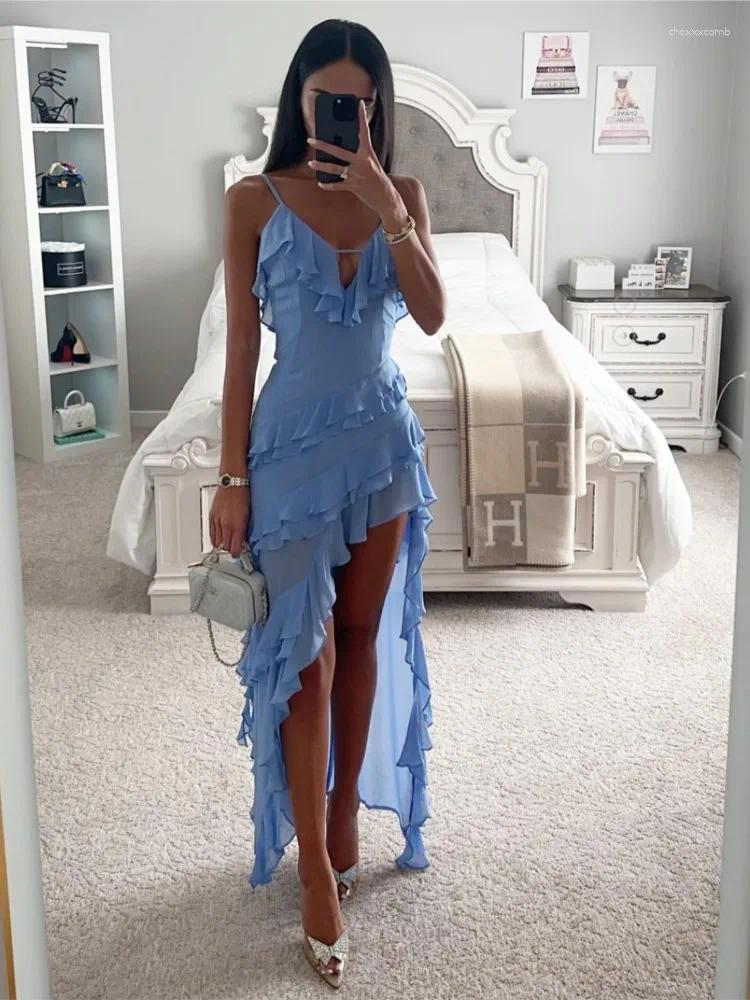 Casual Dresses Elegant Beach Woman Dress Solid Color Sexy V-neck Ruffle Irregular Sleeveless Split Blue Female Holiday Ladies