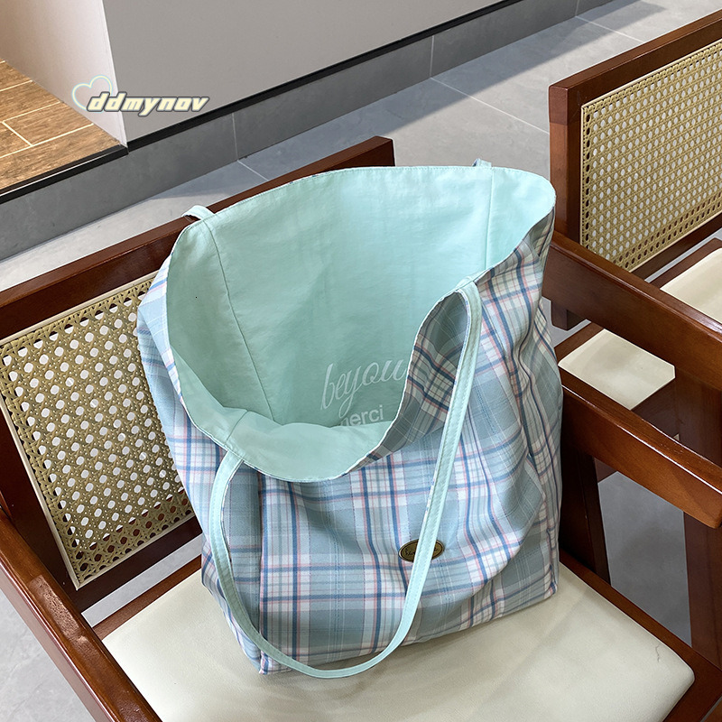 Fresh Mint Mambo Plaid Patchwork Single Shoulder Large Capacity Tote Simple Dual-use Double-sided Bag Spring Summer Thickened ddmynov