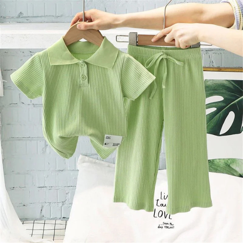 Girls Polo T-Shirt Set Kids Lapel Pit Stripes Suits Summer Short SleeveTopsPants 2Pcs Childrens Solid Casual Outfits 2-8Y 250613