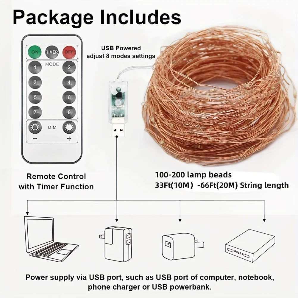 Star USB Fairy String Lights| 66FT 200LED 33Ft 100 LED| Silver Wire Copper Wire| 4 Color Changing 8 Lighting Modes Remote XJ250612