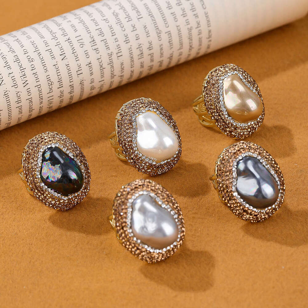 TEMU Hot Style Baroque Pearl Clay Inlaid Wide Adjustable Open Ring for Women Party Gift
