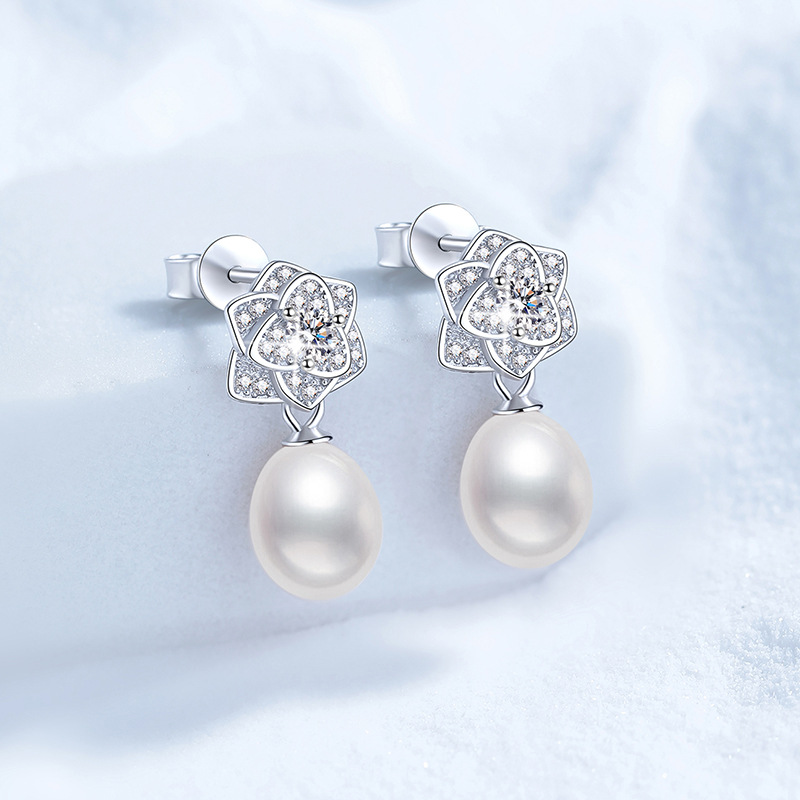 Moissanite Stud Earrings S925 Sterling Silver with Natural Freshwater Pearls, Camellia Flower Design, High-End Fashion Earrings for Women, Wholesale