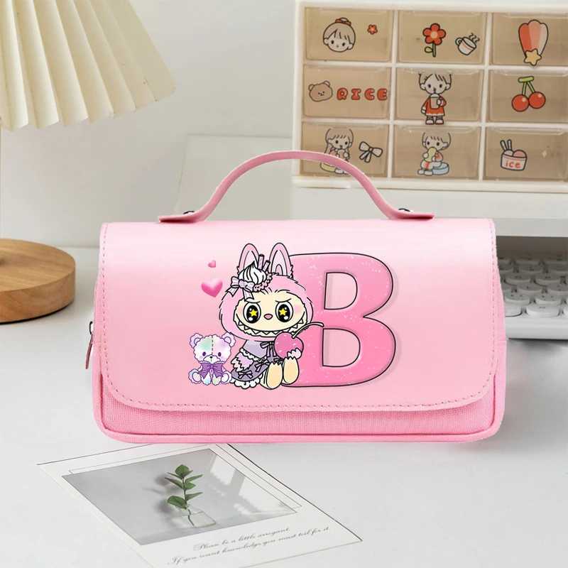 Labubu Large Capacity Flip Pen Case for Students Cartoon Letter A-Z Printed Pencil Bags Boys Girls Stationery Storage Pouch Gift W250613