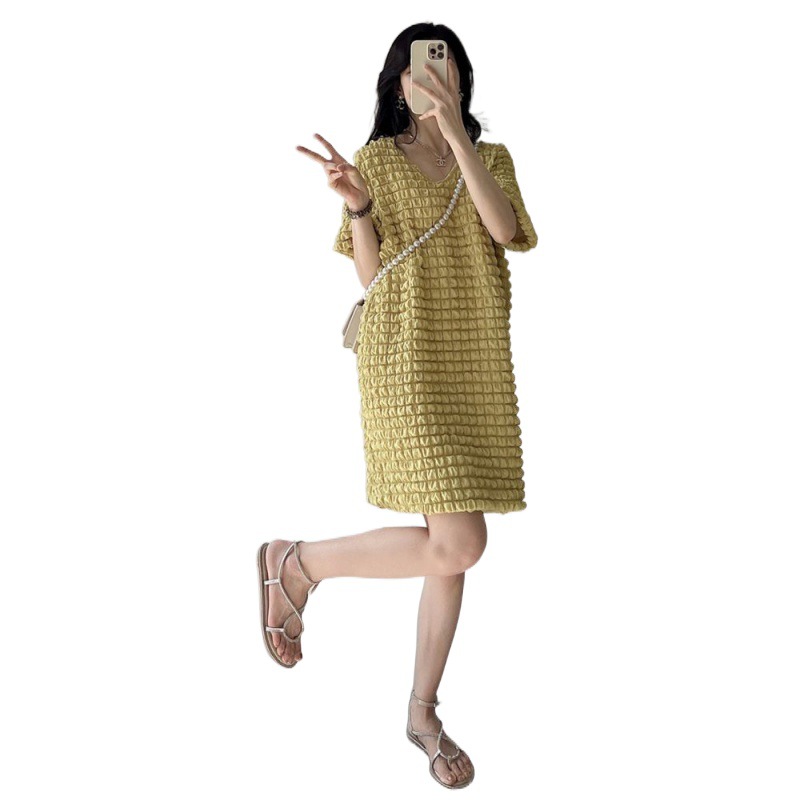 L1806 Dress Women's Bubble Waffle V-neck Short Sleeve Women's Niche Design Medium-length Slimming Large Size Dress
