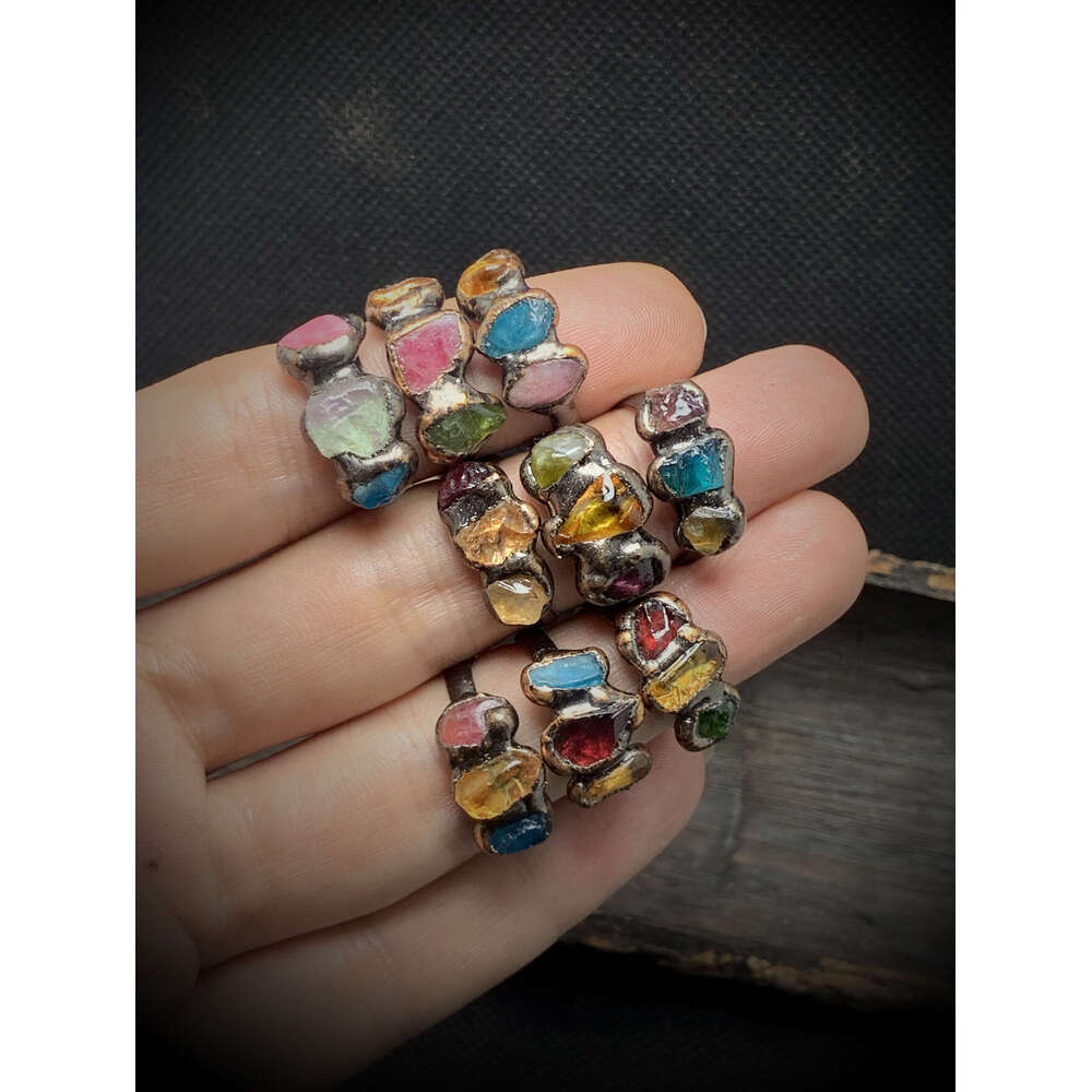 INS Style Three Natural Stone Irregular Handmade Edged Antique Bronze Ring (Stones Randomly Arranged)