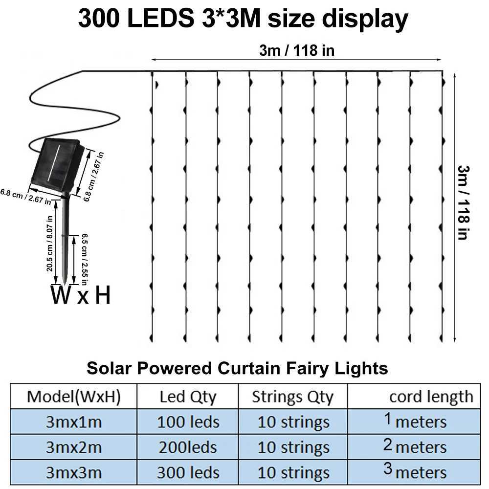 Solar Curtain Lights LED Solar Outdoor Waterproof Fairy lights With 8 Modes For Bedroom Window Patio Wedding Holiday Decorative XJ250612