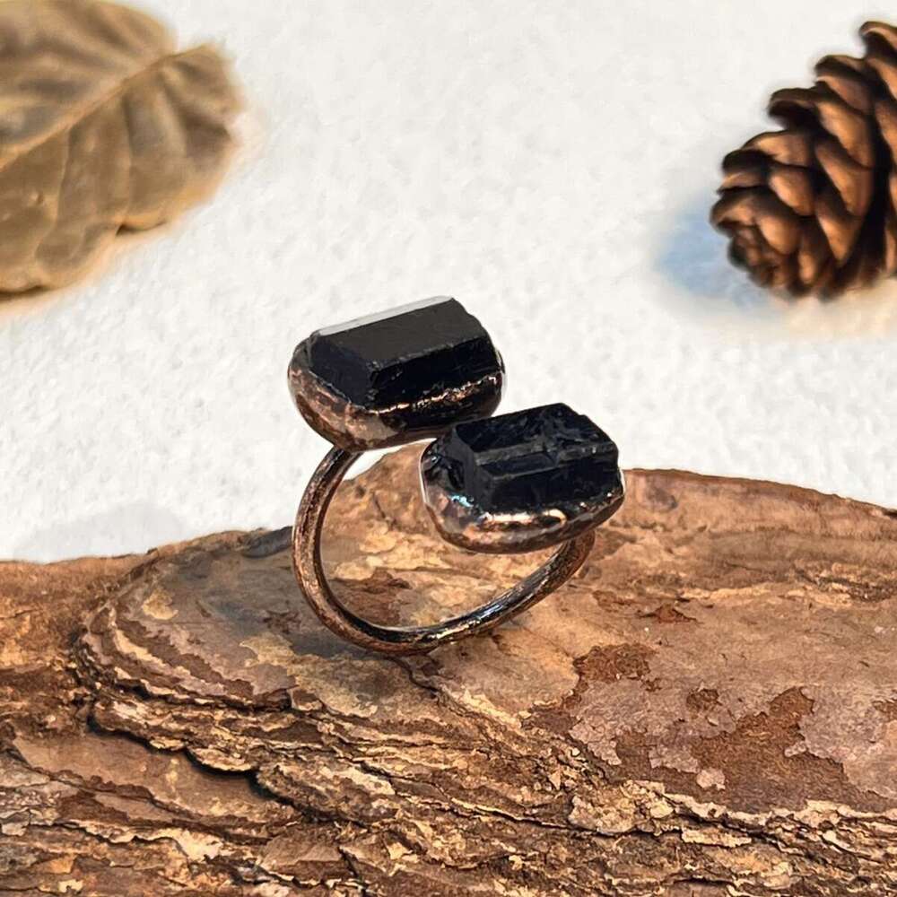 Natural Black Tourmaline Blue Crystal Labradorite Irregular Adjustable Open Personality Ring