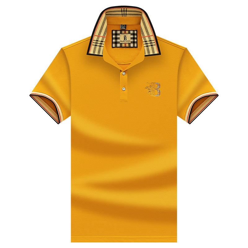 New embroidered solid-color checkered short-sleeved T-shirt for men's summer fashion business polo shirt