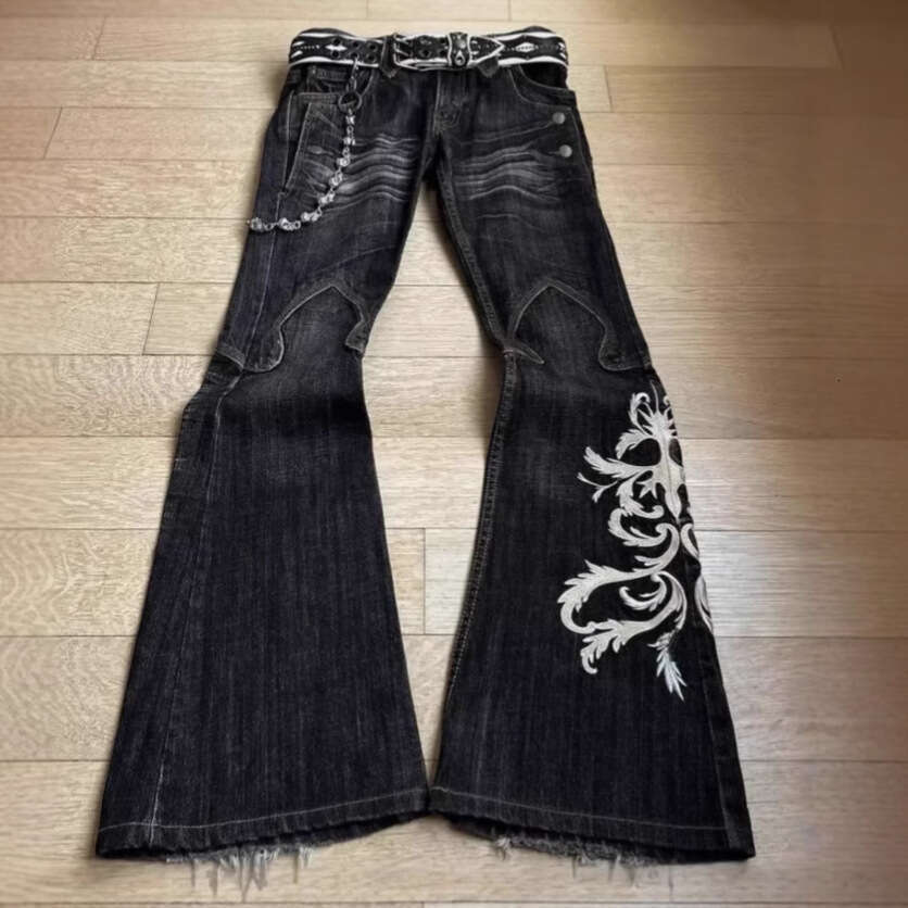 American Style Embroidered Heavy Craft Punk Washed Black Straight Leg Flare Jeans For Women And Men B5