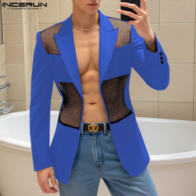 Fashion Sexy Style Tops INCERUN Handsome Men Mesh Hollow Splicing Suit Male Long Sleeved Cardigan Casual Blazers S5XL 250610