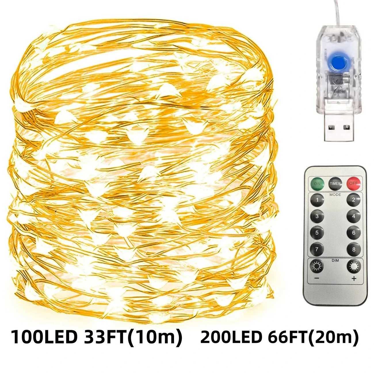 Star USB Fairy String Lights| 66FT 200LED 33Ft 100 LED| Silver Wire Copper Wire| 4 Color Changing 8 Lighting Modes Remote XJ250612