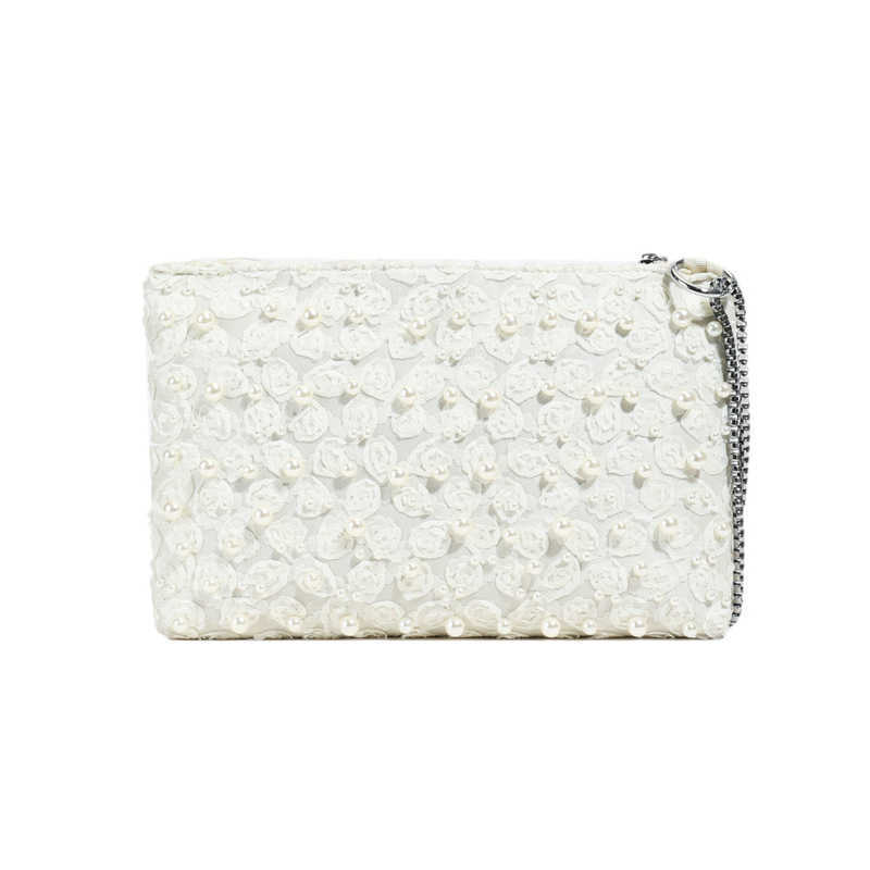 Exquisite Mesh 3d Flower White Pearl Decorated Shoulder Bag Trendy Fashion Metal Chain Square Bag 250615
