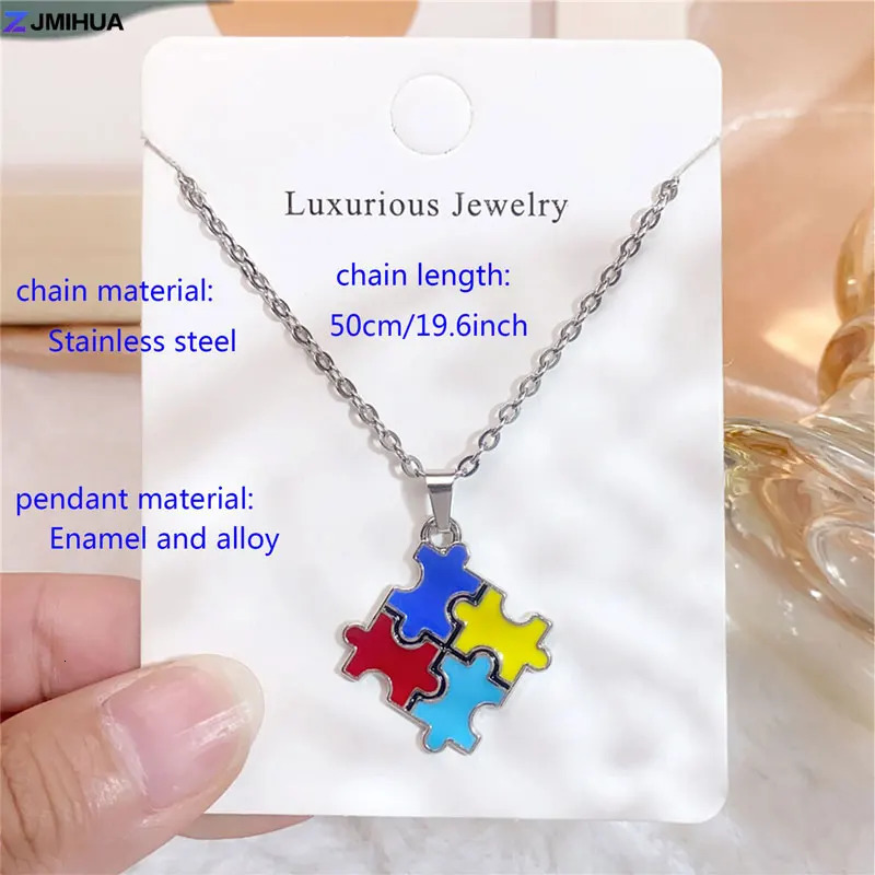 50cm Stainless Steel Chain Necklace Autism Awareness Puzzle Pendant Necklaces For Women Gilrs Fashion Jewelry 250610